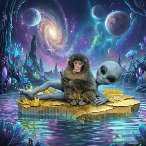 Alien Punch - monkey and alien on cosmic lily pad